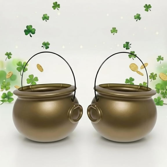 PMU 2pcs 8" St. Patrick's Day Pot of Gold bucket Gold Plastic Cauldron for St. Patrick's Day Leprachaun & Mardi Gras Party Decoration Supply Accessory