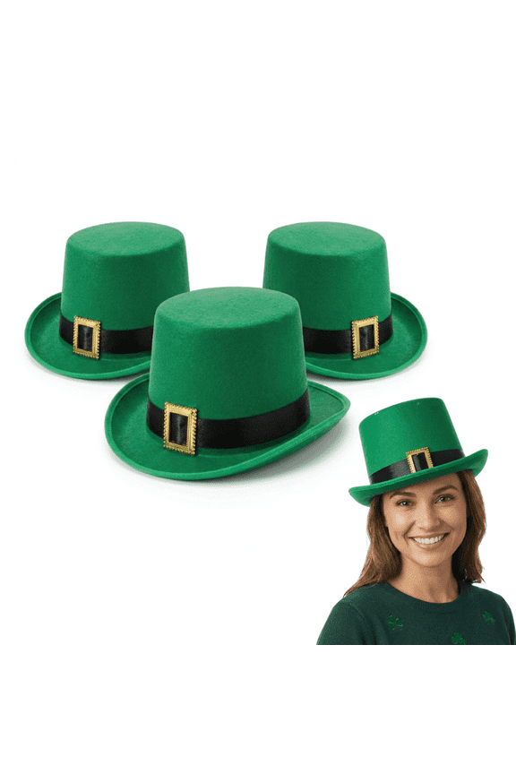 3 Pcs Green St. Patricks Day Hat with Buckle and Black Band for Men and Women Leprechaun Hat Wearable Decorations and Party Supplies