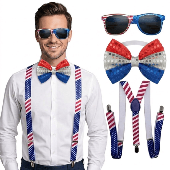 PMU 3 Pcs Patriotic Accessories Set, 4th of July Outfit Costume for Adult– Patriotic Glasses, Sequin Bowtie, Suspender – Red White Blue Outfit for Memorial Day