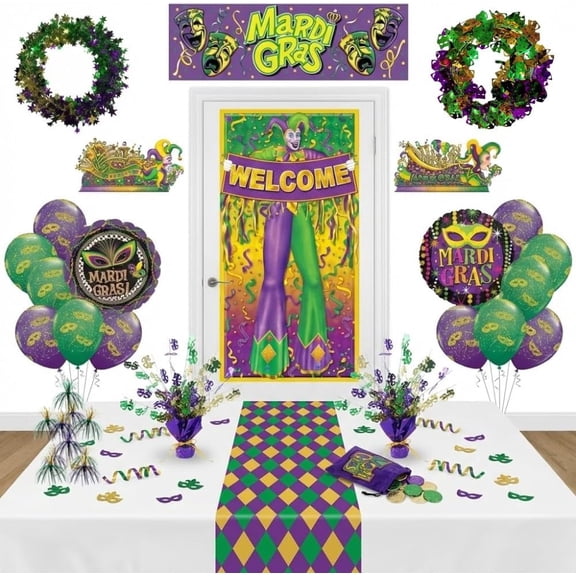PMU 32Pc Mardi Gras Carnival Decorations Mega Set Party Bundle with Balloons, Garlands, Chandelier, Confetti & Table Centerpiece