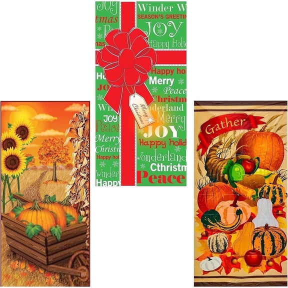 PMU 3pc Multi-Pack Door Covers -Thanksgiving Decoration Fall Door Cover - Harvest Door Cover - Thanksgiving and Christmas Door Covers (50075, 90010, 76226) (3/pkg)Pkg/1