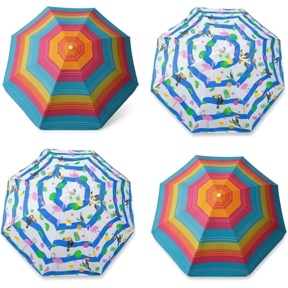 PMU 4 Pcs Assorted Set Beach Umbrella 72in Open – Tropical Flamingo Print & Rainbow Stripe, 160G Polyester Large Outdoor Patio Pool Parasol Umbrella for Garden, Deck, Backyard & Pool