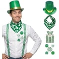 thumbnail image 1 of PMU 4 Pcs Green Irish Party Accessories Bundle, Foil Curved Brim Top Hat, Shamrock Green Bandana, Suspenders and Party Buttons, 1 of 6