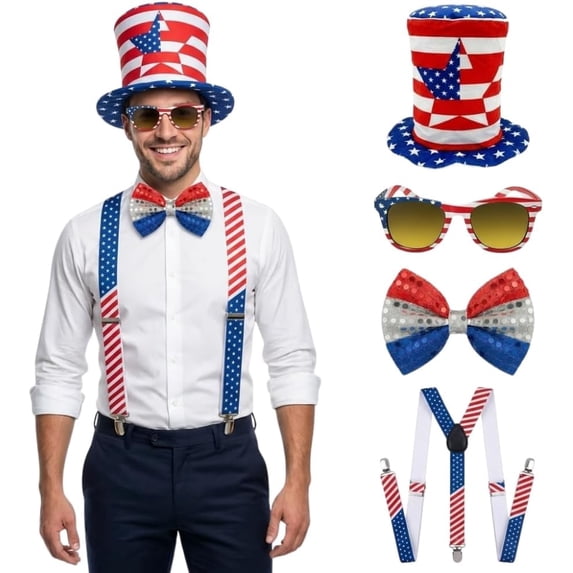 PMU 4 Pcs Patriotic Accessories Set, 4th of July Outfit Costume for Adult– Patriotic Stars & Stripes Top Hat, Glasses, Jumbo Sequin Bow Tie, Suspender – Red White Blue Outfit Memorial Day