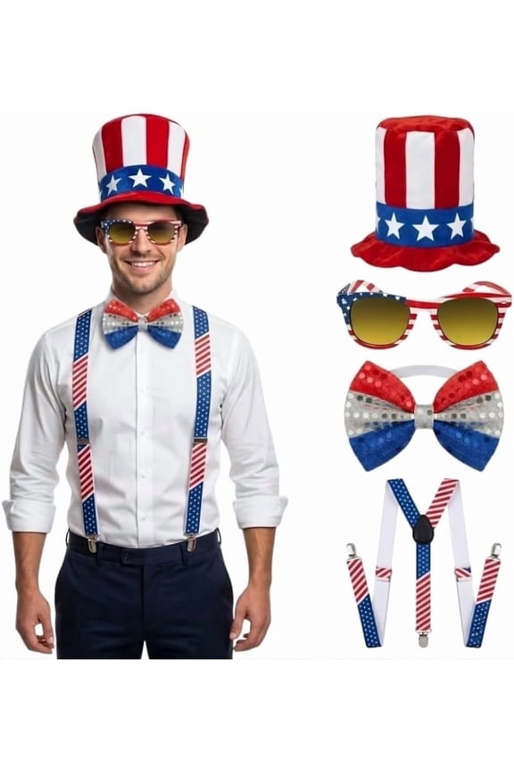 4 Pcs Patriotic Accessories Set, 4th of July Outfit Costume for Adult– Patriotic Uncle Sam Top Hat , Glasses, Jumbo Sequin Bow Tie, Suspender – Red White Blue Outfit for Memorial Day