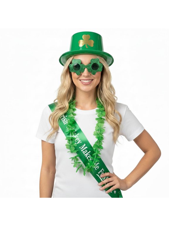 4 Pcs St. Patrick’s Day Party Costume Accessory Bundle, Green Plastic Top Hat, Glitter Shamrock Sunglasses, Shamrock Lei and Green Satin Sash