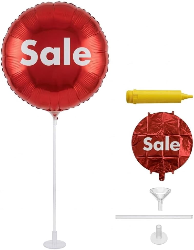 PMU 5 Pcs Round SALE Red Balloon Kit - 18 Inch Mylar Balloons with Cups, Sticks, Mini Base and Manual Hand Pump Inflator