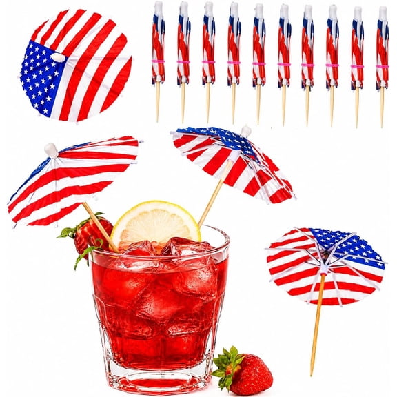 PMU 50 Pcs Patriotic Stars & Stripes American Flag Drink Umbrellas – 4th of July Toothpick Flags, Cupcake Toppers, Umbrella Drink Picks, Cocktail Picks &Memorial Day & Patriotic Party Supplies