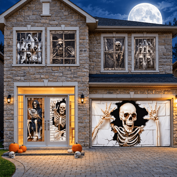 PMU 7-Piece Halloween Garage Door Cover Set, 16 x 7 ft, Skeleton Window & Door Decorations