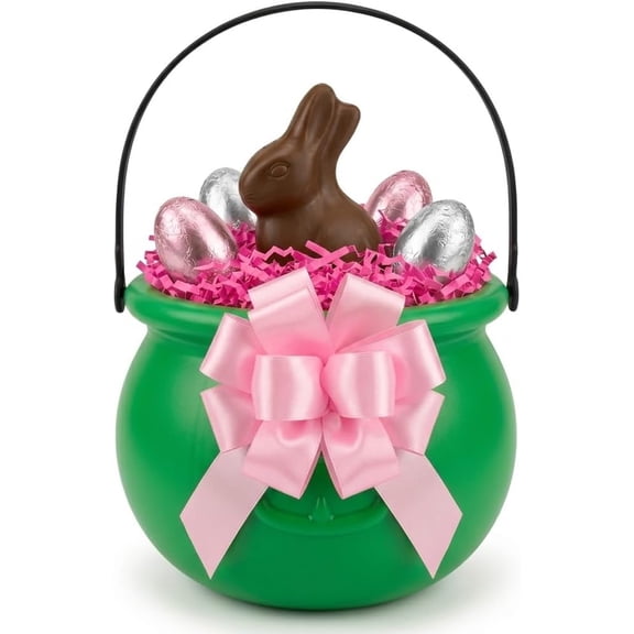 PMU 8" Green Cauldrons Easter Basket Stuffers with Pink Bow - Easter Table Decoration for Home