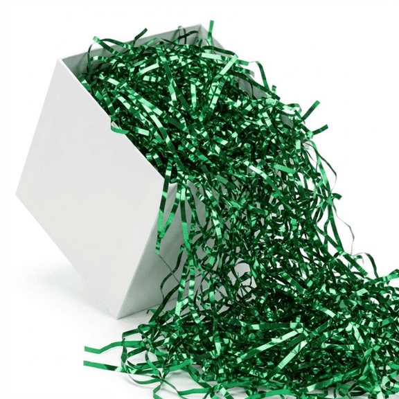 PMU 8oz Green Crinkle Cut Metallic Paper Shredded Foil Shreds for Gift Baskets Filler, Gift Bag Stuffing