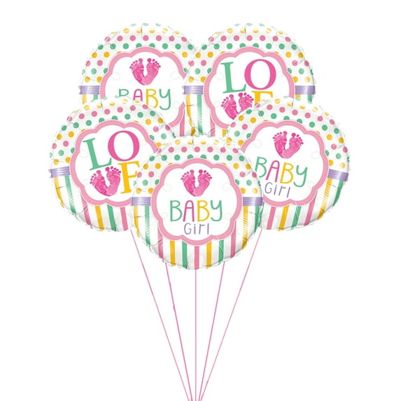 PMU Baby Shower Baby Girl LO(Feet) E 18 Inch Mylar-Foil Balloon Pkg/5