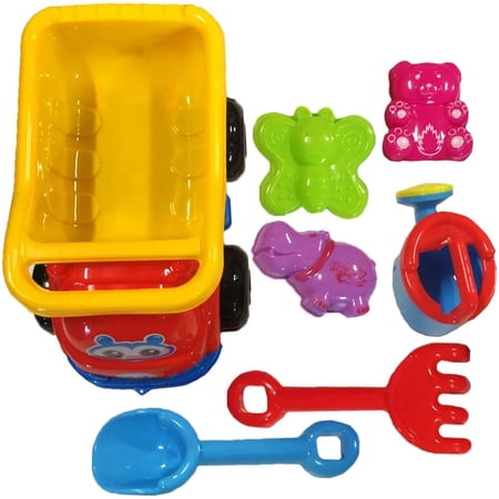 PMU Beach Sand Set 7 pcs Car Kit Includes Sand Molds, Car Beach Bucket, Mini Watering Can, Shovel and Rake Tool, Great for Sand Digging and Outdoor Play Pkg/1
