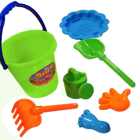PMU 7-Piece Beach Sand Toy Set, Includes Beach Molds, Beach Bucket, Mini Watering Can, Shovel and Rake Tool, Ideal for Digging Sand and Outdoor Play, Lime Green (7/Pkg) Pkg/1