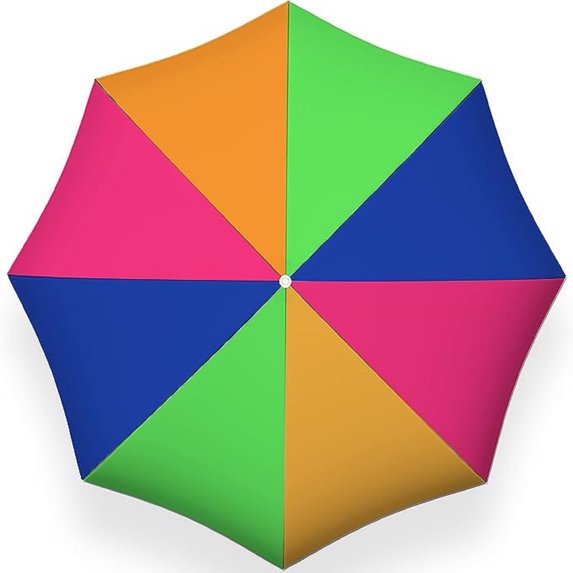 PMU Beach Umbrella 6 feet Opens to 72 inches Multicolor Beach Parasol with Carrying Sleeve for Beach, Patio and Outdoor Sun Protection Polyester Orange, Lime Green, Hot Pink and Dark Blue