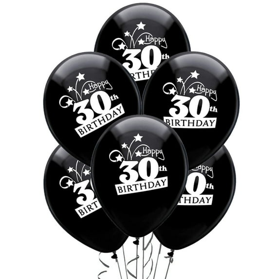 PMU Birthday Balloons 12 Inch Happy 30th Birthday Shooting Stars Crystal Pitch Black Latex Pkg/25