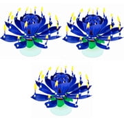 PMU Birthdays Lotus Flower Musical Birthday Candle Spinning Birthday Cake Decoration Blue pkg/3