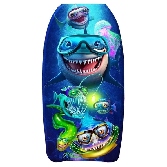 PMU 33-Inch Shark and Fishes Bodyboard with Wrist Leash for Beach & Pool - Surfing Board for Kids, Teens & Adults Wave Conditions Pkg/1