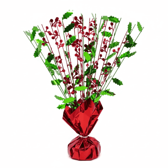 PMU Christmas Balloon Weight Centerpiece Holly Berry - 1 Pc Red and Green Glitter Burst Centerpiece- Perfect Christmas Party Décor - 15 Inch Pkg/1