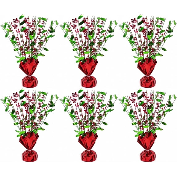 PMU Christmas Balloon Weight & Table Centerpiece – Holly Berry Red & Green Glitter Burst, 15 Inch, 6 Pcs – Festive Holiday Party Decor