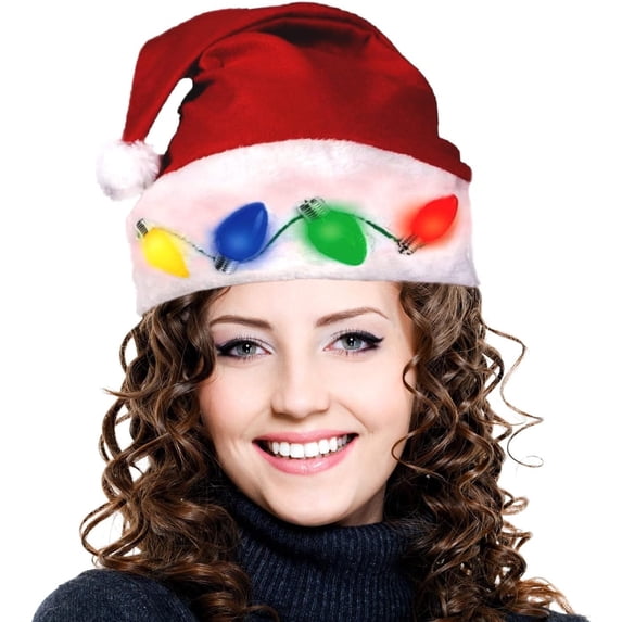 PMU Christmas Costume Party Accessories Props Christmas Light Up Santa Hat Red/White with Retro Bulbs, Celebration and Party Supplies for Plays, Festivals, Photo Shoots (1/Pkg) Pkg/1
