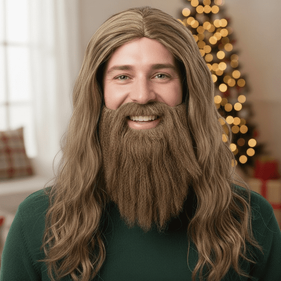 PMU Christmas Curly Golden Brown Wig and Beard with Sunglasses 1 Set for Men - Christmas Costume Accessories - Beard for Plays, Festivals, Props & Party Supplies - Brown