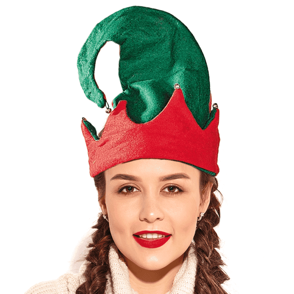 PMU Christmas Elf Hat with Jingle Bells Green and Red Felt Hats, Christmas Hats for Adults, Women, Men, Kids, Funny Headwear and Caps Costume, Party Accessories for Plays, Photo Shoots (1/Pkg) Pkg/1