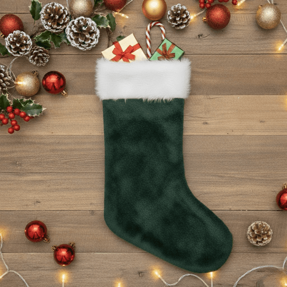 PMU Christmas Velvet Plush 1 Pc Emerald Green and White Stocking