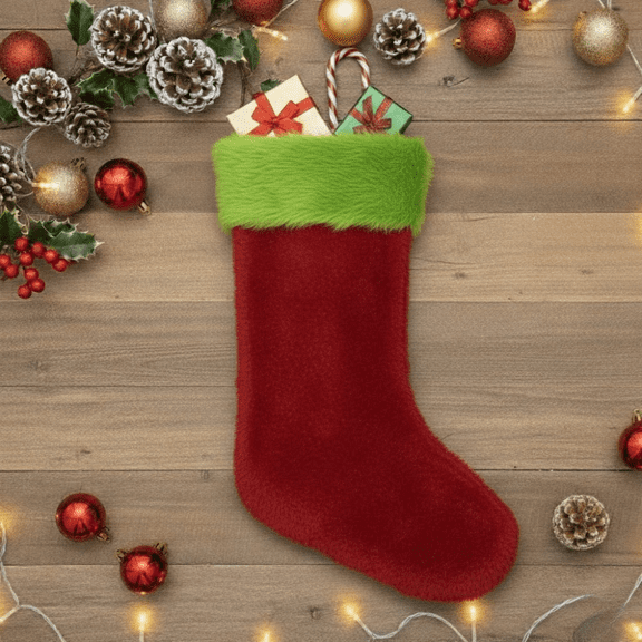 PMU Christmas Velvet Plush 1 Pc Red and Light Green Stocking