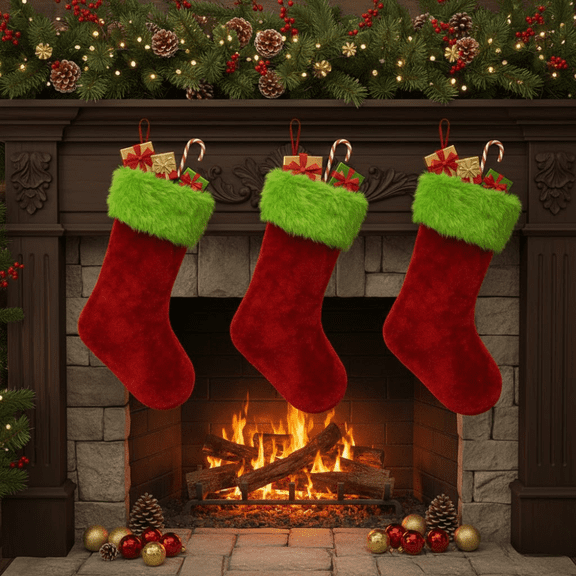 PMU Christmas Velvet Plush 3 Pcs Red and Light Green Stocking
