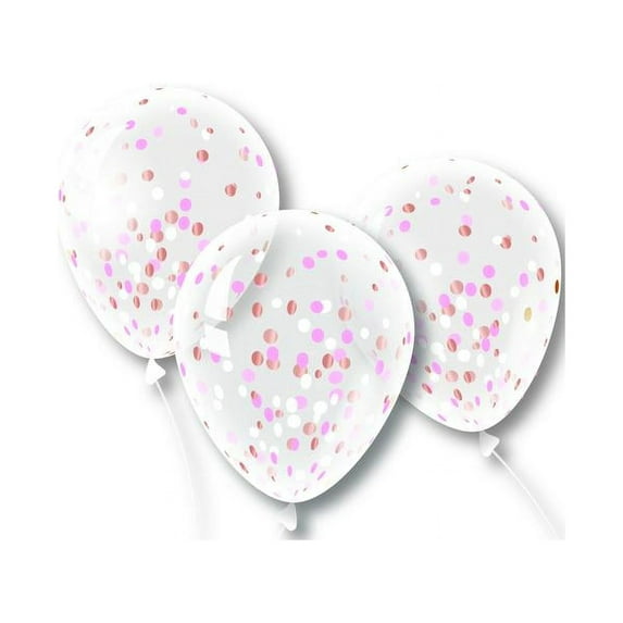 PMU Confetti Balloons 12 Inch Clear Latex Balloons with Rose Gold Metallic Asst Confetti (3/Pkg) Pkg/3