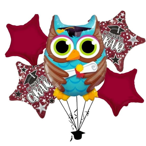 PMU Congrats Grad Balloon Bouquet | Graduation Decoration Mylar Balloons | Celebrate Success with Vibrant Graduation Balloons | Grad Owl Grad Balloon Bouquet Burgundy (5/Pkg) Pkg/1