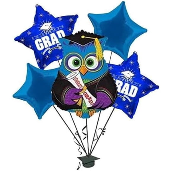 PMU Congrats Grad Balloon Bouquet | Graduation Decoration Mylar Balloons | Celebrate Success with Vibrant Graduation Balloons | “Wise Owl Grad” Balloon Bouquet Blue (5/Pkg) Pkg/1