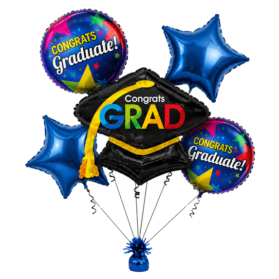 PMU Congrats Grad Cap Balloon Bouquet | Graduation Decoration Mylar Balloons | Graduation Balloons Class of 2024 Decor | Celebrate Success with Vibrant Graduation Balloons | Navy Blue (5/Pkg) Pkg/1