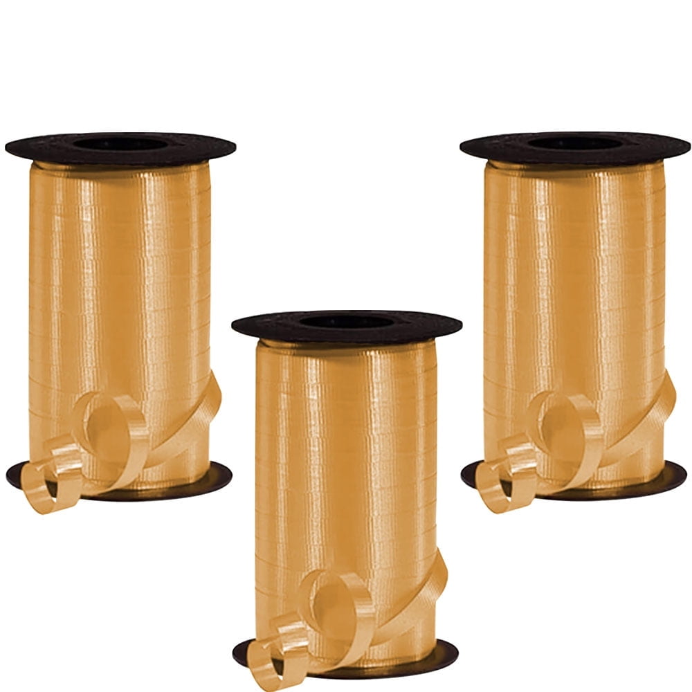 PMU 750 Yards x 3/8in Gold Crimped Curling Ribbon String for Gift Wrapping Ribbon Balloon String Birthday Celebration Party Presents Decor, Festival Art Craft Accessories (3-250 Yard Rolls)