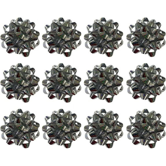 PMU Decorative Confetti Gift Bows 4-1/4 Inch Large Glitter Sparkle Silver (12/Pkg) Pkg/1