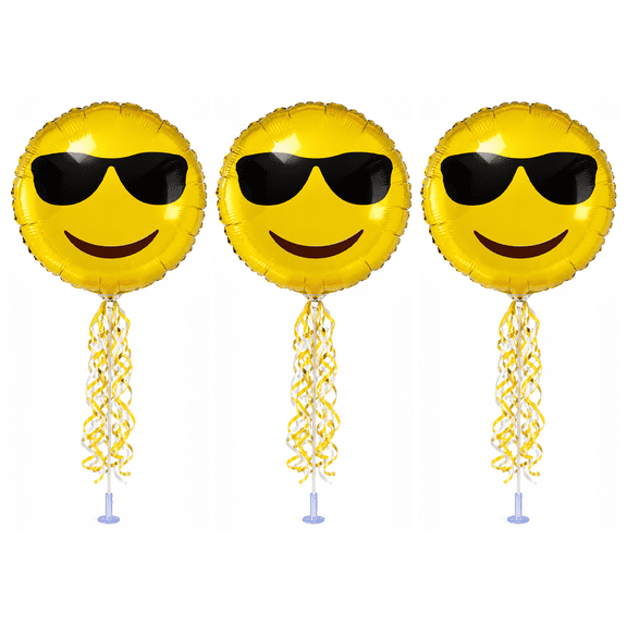 PMU 3 Pcs Emoji Too Cool Sunglasses Smiley Face Balloon 9 Inch Pre-Inflated with Stick and Fringe Ribbons Funny Balloons Party Birthday Decorations (Sunglasses)