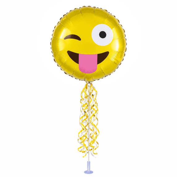 PMU Just Kidding Smiley Face Balloon 9 Inch Pre-Inflated with Stick and Fringe Ribbons Funny Balloons Party Birthday Decorations (Tongue Out Winkling Eye)