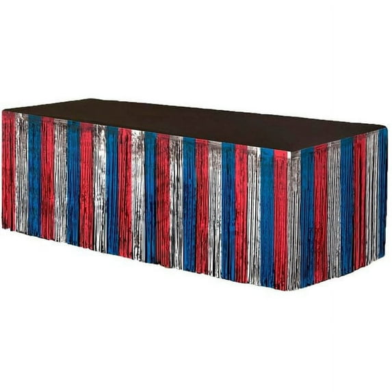 PMU Fringe Table Skirt Patriotic (Red, Silver and Blue) 9 feet x 29 inches Pkg/6