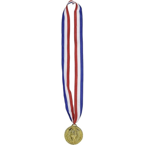 PMU Gold Medal 2in with 30in Ribbon 1st Place Award (Red, Blue, White) Party Props and Decoration Accesorry (1/pkg)Pkg/1