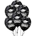 thumbnail image 1 of PMU Graduation Balloons 11 Inch PartyTex Premium Black with All-Over Print White Grad Caps-Confetti and Streamers Pkg/12, 1 of 7