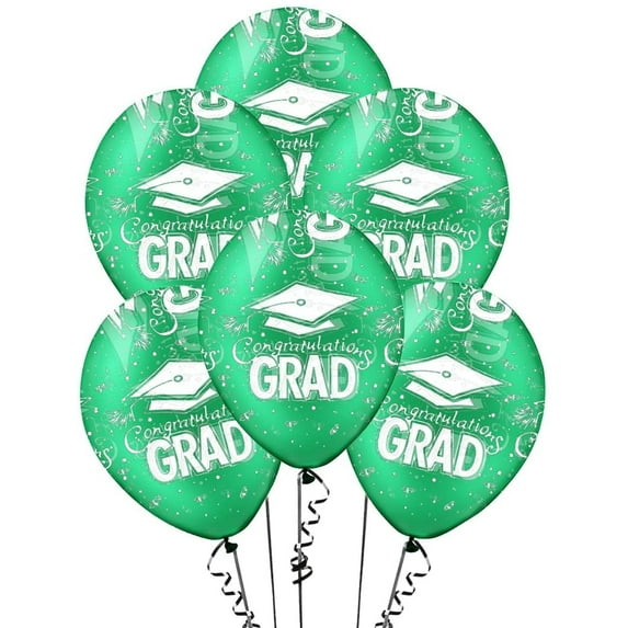 PMU Graduation Balloons 11 Inch PartyTex Premium Crystal Emerald Green with All-Over Print White Grad Caps-Confetti and Streamers Pkg/100