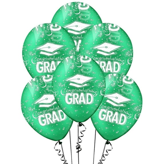 PMU Graduation Balloons 11 Inch PartyTex Premium Crystal Emerald Green with All-Over Print White Grad Caps-Confetti and Streamers Pkg/25