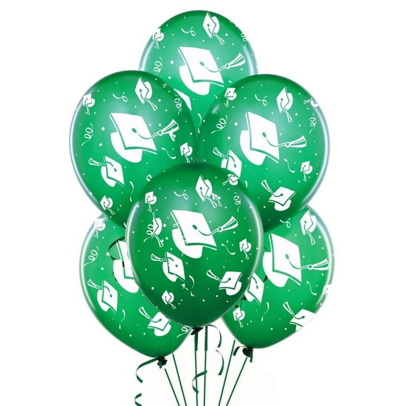 PMU Graduation Balloons 11 Inch PartyTex Premium Emerald Green with All-Over Print White Grad Caps-Confetti and Streamers Pkg/100