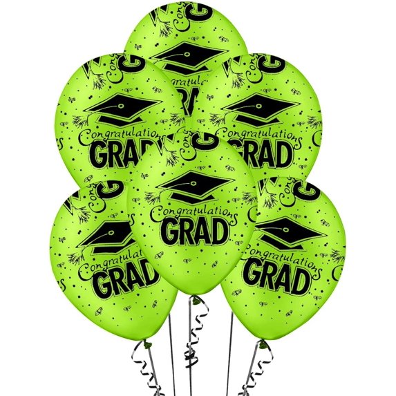 PMU Graduation Balloons 11 Inch PartyTex Premium Lime Green with All-Over Print Black Grad Caps-Confetti and Streamers Pkg/25