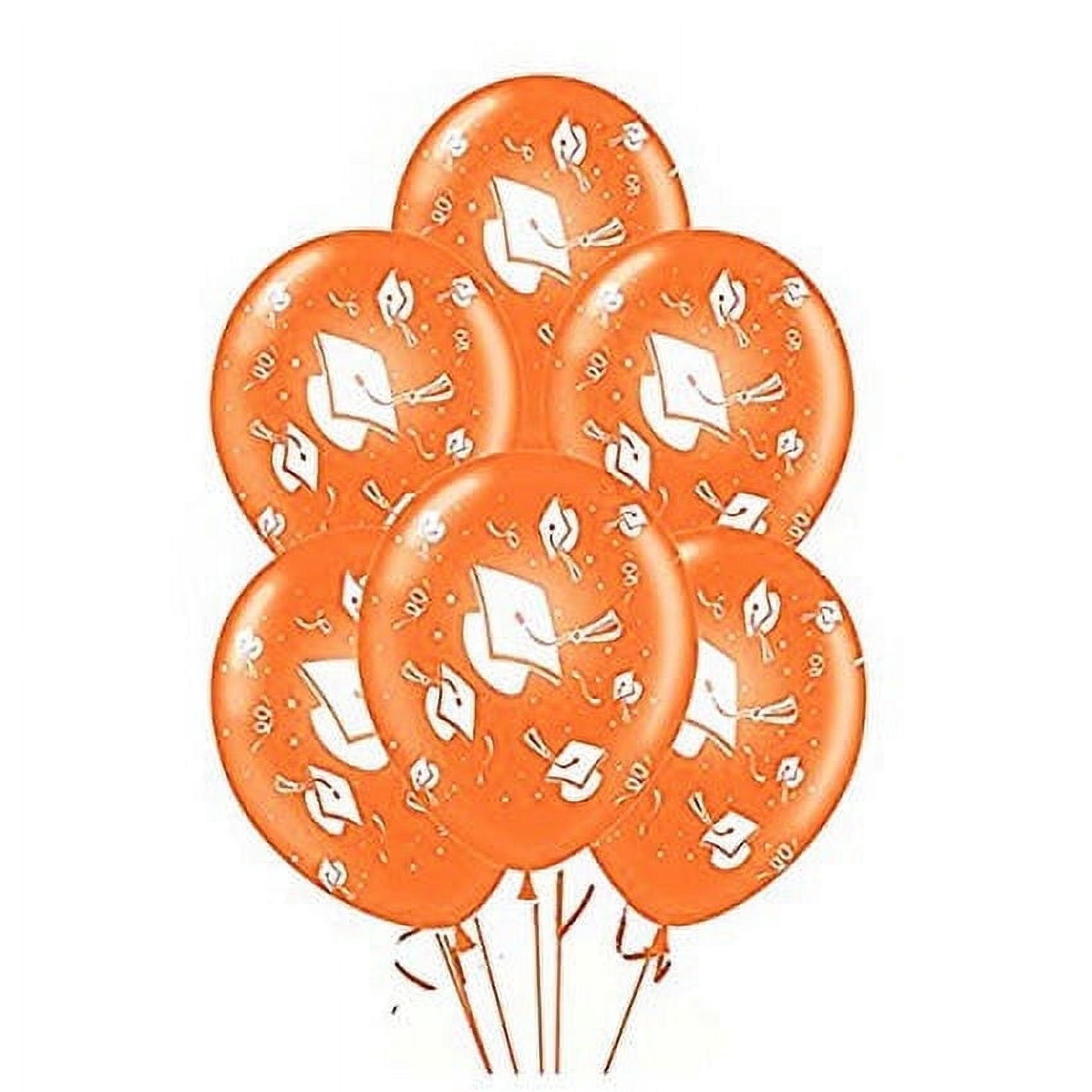 PMU 100 Pcs Graduation Balloons PartyTex 11 inch Premium Orange with All-Over Print White Grad Caps-Confetti and Streamers Graduation Party Decorations