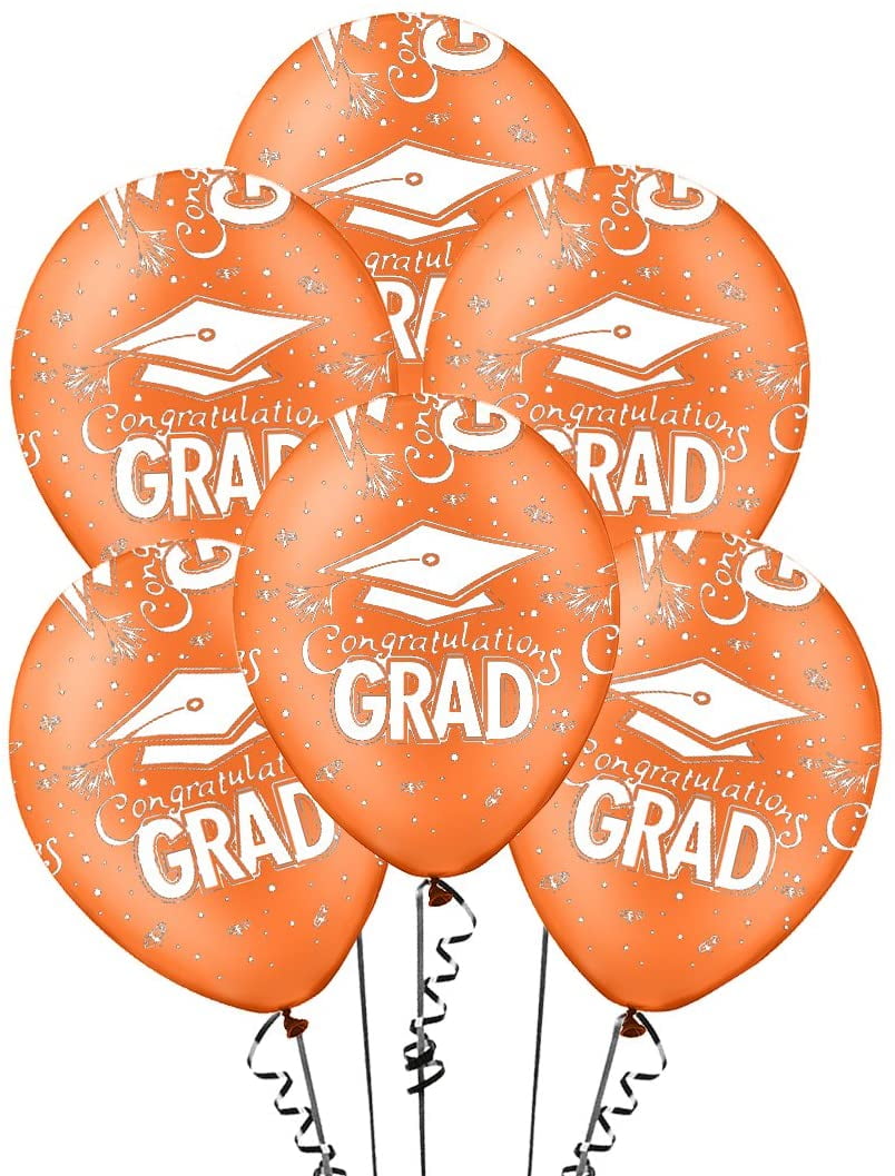 PMU Graduation Balloons 11 Inch PartyTex Premium Orange with All-Over Print White Grad Caps-Confetti and Streamers Pkg/100