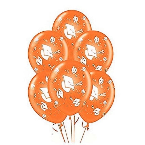 PMU 12 Pcs Graduation Balloons PartyTex 11 inch Premium Orange with All-Over Print White Grad Caps-Confetti and Streamers Graduation Party Decorations