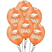 PMU Graduation Balloons 11 Inch PartyTex Premium Orange with All-Over Print White Grad Caps-Confetti and Streamers Pkg/12