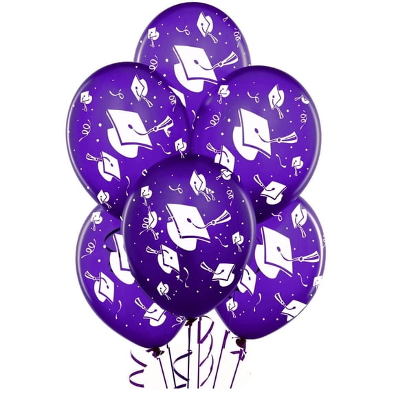 PMU 50 Pcs Graduation Balloons PartyTex 11 inch Premium Purple with All-Over Print White Grad Caps-Confetti and Streamers Graduation Party Decorations